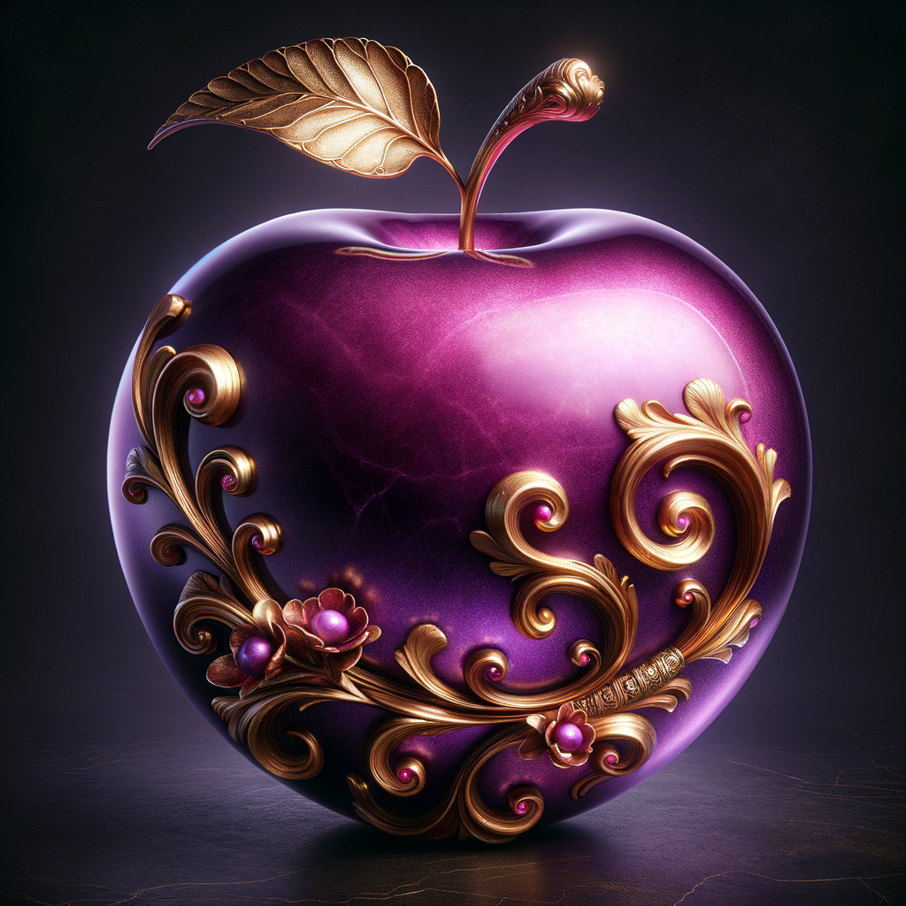 Envision a lustrous, oversized apple with a surface that gleams in a radiant shade of purple, as if lacquered to a high shine, reflecting light from its smooth, curvaceous form. The apple is adorned with elegant gold leaf patterns that swirl luxuriously around its contour, bringing a baroque opulence to its appearance. The stem, a bronzed sculpture in itself, supports a single leaf that seems to glow with an inner luminescence. At the apple’s base, a collection of flowers blooms, their petals softening the scene with organic shapes and colors that harmonize with the vibrant purple and gold. Incorporated into the metallic filigree in an artful script is the name "Karen," as if the apple were personally inscribed, enhancing the custom and bespoke quality of the piece.