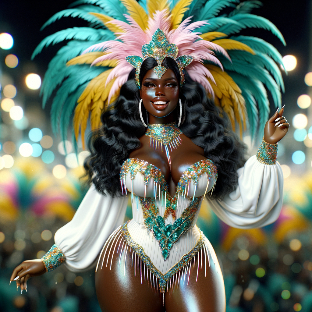 Create a 3-D  vivid full-body view of a colorful glossy hyper-realistic oil painting of a detailed illustration full length photo single image of a beautiful African-American caramel skinned woman plus sized, with long, black, wavy hair, her make up is airbrushed and flawless, she is dressed in a white, teal and yellow large, elaborate, elegant, very detailed carnival costume with colorful African-American pink, blue, gold yellow green feathers, flawless makeup, prominent lashes, black peep toe heels, white pixie hair, background bokeh, she is stunning and smiling, digital art.