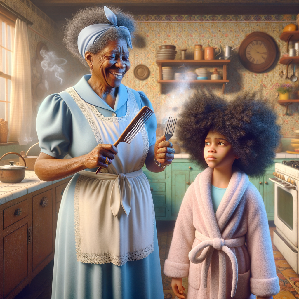 Create a realistic 3-D image of an african-American grandmother wearing a blue house dress and a white apron . She is in the kitchen with her african-American granddaughter. Her granddaughter is wearing a pink bath robe. The grandmother has a hot comb in her hand and she is straightening her granddaughters hair. One side of her granddaughters hair is in  a Afro the other straight 
There is smoke coming from the hot comb
The granddaughter is making a face as if to say grandma that hurt