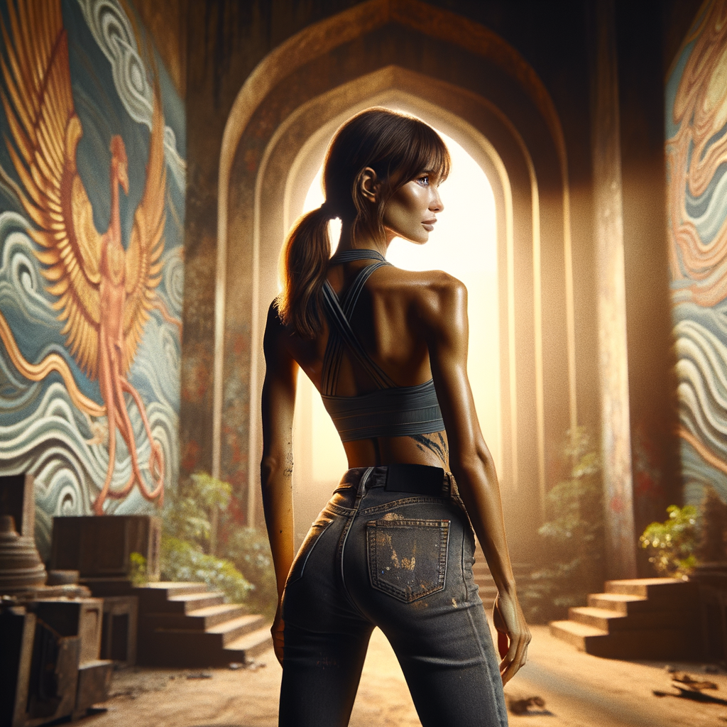 Athletic Thin skinny Attractive, Asian teenage girl, long brown hair and bangs, wearing tight skinny jeans and a halter top paint marks on her clothing, heroic pose Asian graffiti background, backside view