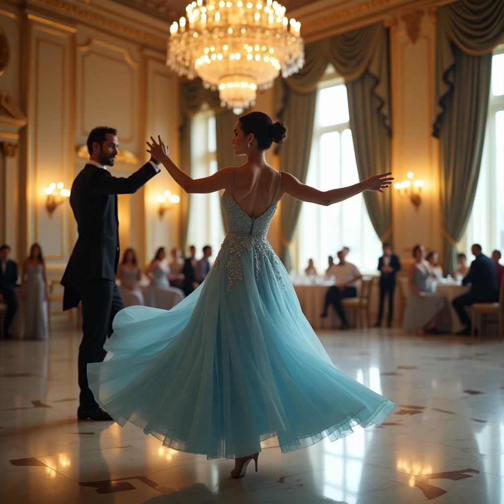 “A breathtaking shot taken with a Nikon D850 and a 24-70mm f/2.8 lens.  Valentina (DahliaValentina_ai) (fit tall supple well endowed tanned Italian American model with long black hair in a formal bun) glides gracefully across an opulent ballroom floor, caught mid-turn in a Viennese waltz. ( ensure hands are well designed and detailed with nails painted light blue) She wears a flowing ice-blue ballgown, its delicate lace details shimmering under the golden glow of an enormous crystal chandelier. Her posture is poised, her expression serene as she twirls with an elegant dance partner in a classic tuxedo. The grand ballroom features intricate gilded moldings, towering windows draped with silk curtains, and polished marble floors reflecting their movements. The air feels enchanted, as if time itself has slowed for this graceful moment. The soft depth of field blurs the background slightly, enhancing the dreamlike quality of the scene.”