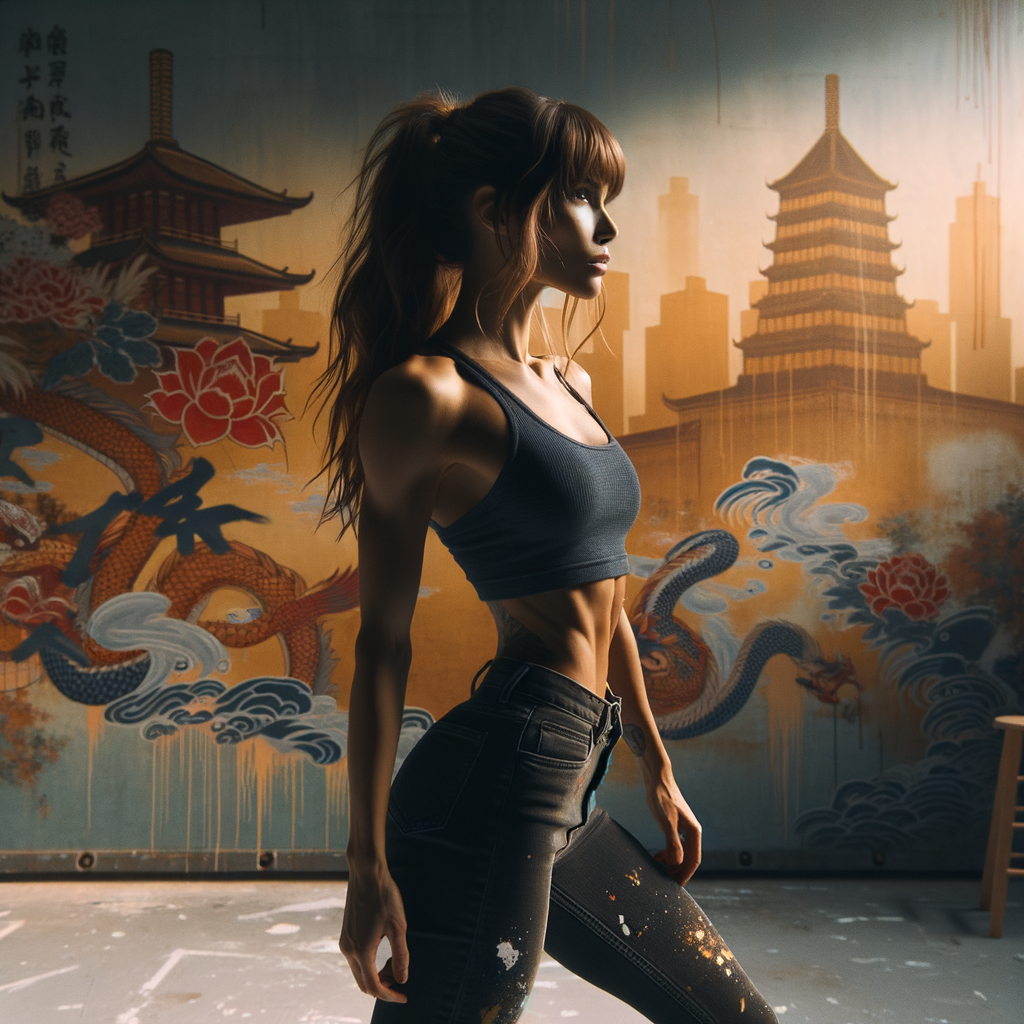 Athletic Thin skinny Attractive, Asian teenage girl, long brown hair and bangs, wearing tight skinny jeans and a halter top paint marks on her clothing, heroic pose Asian graffiti background, side view