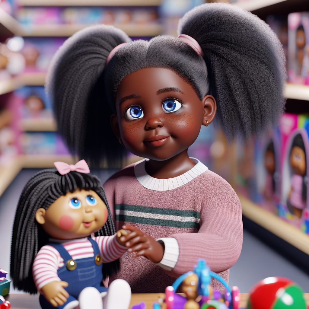 Create a 3-D realistic image of an African-American little girl above the age of five she has huge, blue eyes and thick long ponytails.
She is in a toy store and she is playing with her favorite african-American Cabbage Patch doll , the doll has deep, dimples and freckles