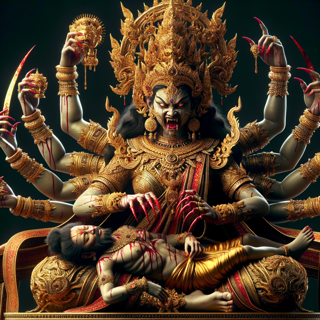 portrait of angry looking, four-armed indian goddess  sitting on a gold crown and carrying a weak mahishasur on her lap and poking his abdomen with her two hands with amazingly long red fingernails . She is wearing gold armor, a huge gold crown, gold saree, abundant  gold jewelry, covered in blood. The scene is set in ancient India. The image is 8K resolution, cinematic, photography, ultra detailed face and epic.