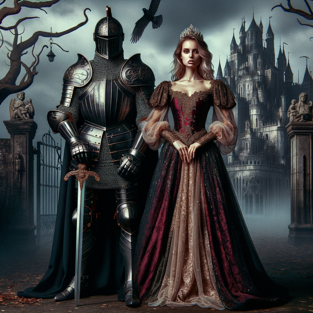 Black and grey knight standing with a Greek queen who has a burgundy , gold and pink dress on in front of a undead castle