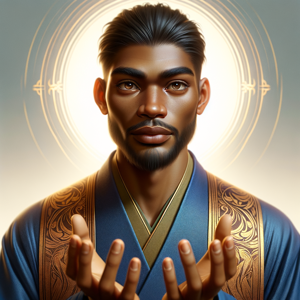 Create a African-American Christian Jesus, with brown eyes, wearing a blue and gold robe