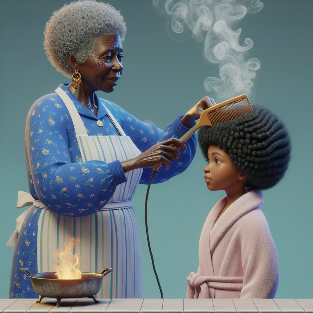 Create a realistic 3-D image of an african-American grandmother wearing a blue house dress and a white apron . She is in the kitchen with her african-American granddaughter. Her granddaughter is wearing a pink bath robe. The grandmother has a hot comb in her hand and she is straightening her granddaughters hair. One side of her granddaughters hair is in  a Afro the other straight 
There is smoke coming from the hot comb
The granddaughter is making a face