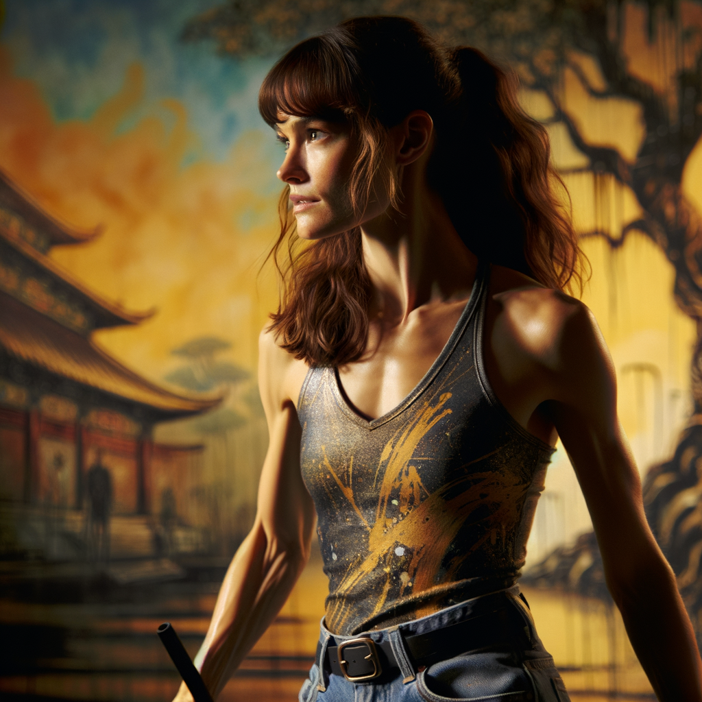 Athletic Thin skinny Attractive, Asian teenage girl, long brown hair and bangs, wearing tight skinny jeans and a halter top paint marks on her clothing, heroic pose Asian graffiti background, side view