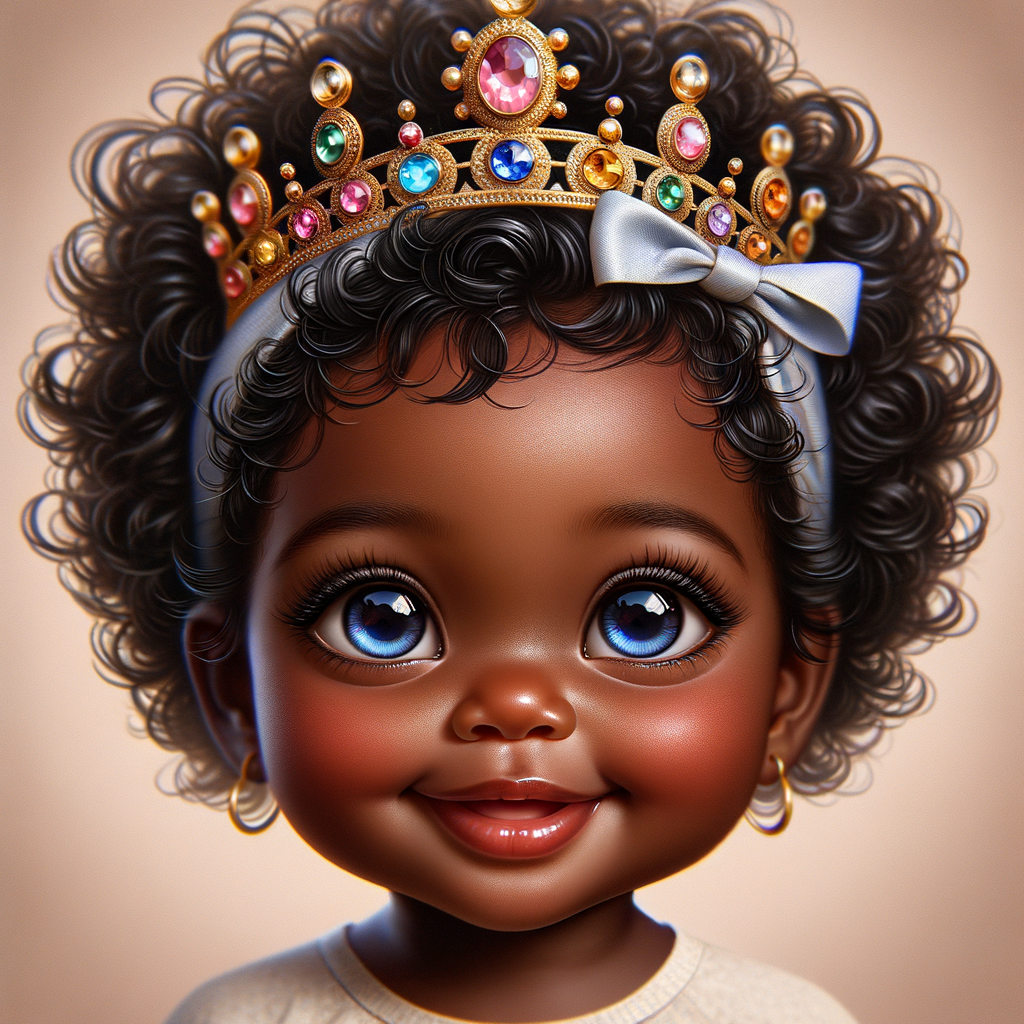 "Create a digital portrait of an adorable african-American baby girl with a joyful expression. She is wearing a gold crown with colorful jewels. Her big, bright blue eyes are wide with wonder, and her tiny mouth is shaped in a happy grin. Her skin has a warm, honey-brown tone, and she has an abundance of curly black hair, playfully tied up with light blue bows. The background is soft and neutral to keep the focus on her delightful features. The portrait should be vibrant and heartwarming, celebrating the innocence and charm of childhood."