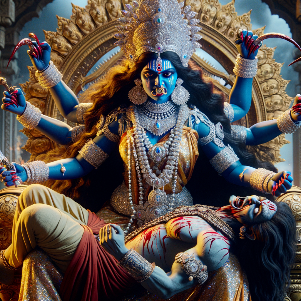 portrait of extremly angry looking goddess kali, blue skinned, sitting on a gold crown and carrying a weak mahishasur on her lap and stabbing him with her amazing long red finger nails. She is wearing diamond armor, a huge diamond crown, red saree, abundant diamond jewelry, covered in blood. The scene is set in ancient India. The image is 8K resolution, cinematic, ultra detailed face and epic.