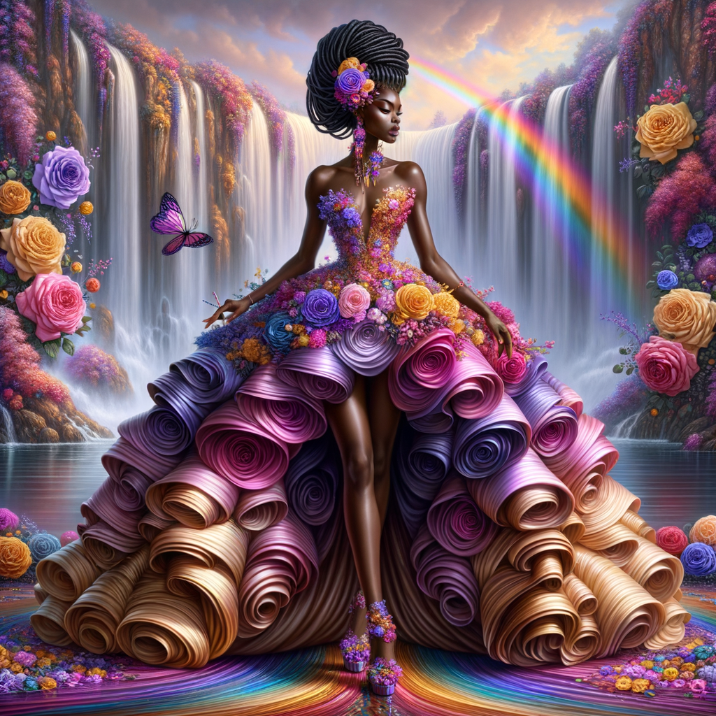 Remix Prompt
S/O Jackie Torres
S/O Panda Locke

create a animated style hyper realistic airbrush whimsical oil painting of a light African American woman wearing a flawless beautiful purple, pink, and gold blossom dress long flowing with colorful flowers and ruffles on the dress colorful jewelry made of flowers she has long black dreadlocks in a bun a colorful rose in her hair her peep toe shoes is matching her dress behind her is a beautiful waterfall liquid glowing lights beautiful colorful rainbow surrounded by beautiful roses.