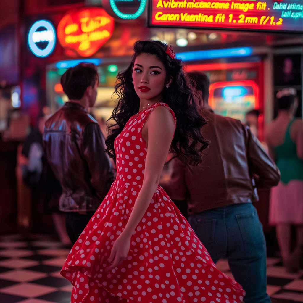 “A vibrant mid-century dance hall scene captured with a Canon EOS R5 and a 50mm f/1.2 lens. the image is focused on Dahlia Valentina fit tall supple well endowed tanned Italian American model (DahliaValentina_ai) stands in the center of a 1950s rockabilly dance, spinning in a bright red polka-dot dress with a fitted bodice and a flared skirt that lifts as she twirls. Her long wavy black hair is tied up with a matching headscarf, and she wears classic cat-eye eyeliner with a bold red lip. She dances with a charming partner dressed in a leather jacket and cuffed jeans, both caught mid-motion in a lively jitterbug step. The neon signs glow behind them, casting warm reflections on the checkered dance floor. The energy of the crowd, jukebox music, and the flickering of retro diner lights add to the nostalgic atmosphere. The composition follows dynamic angles, emphasizing movement and vintage allure.”