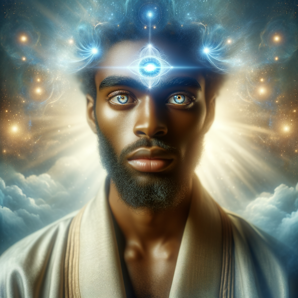 Create a beautiful African-American Jesus Christ with Hazel, brown eyes and blue and gold robe