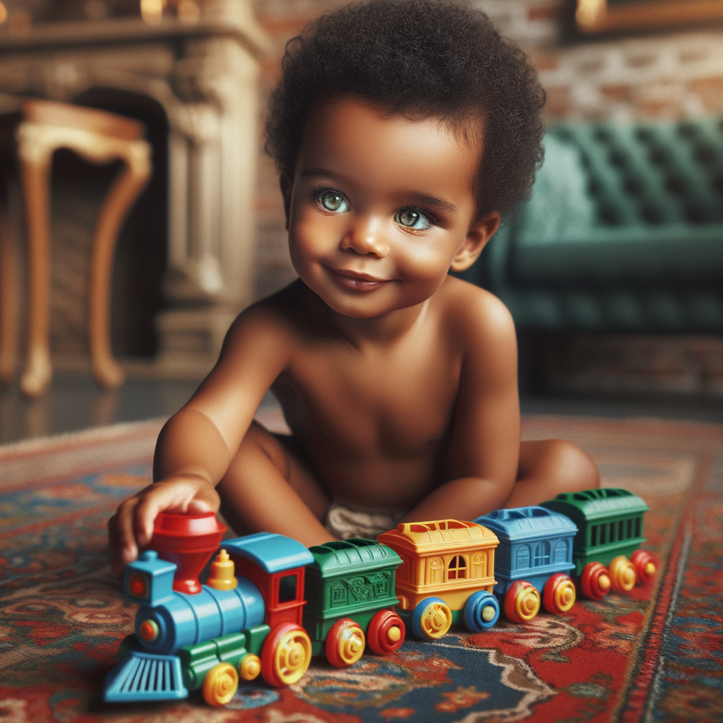 African-American baby boy with huge green eyes, playing with a train