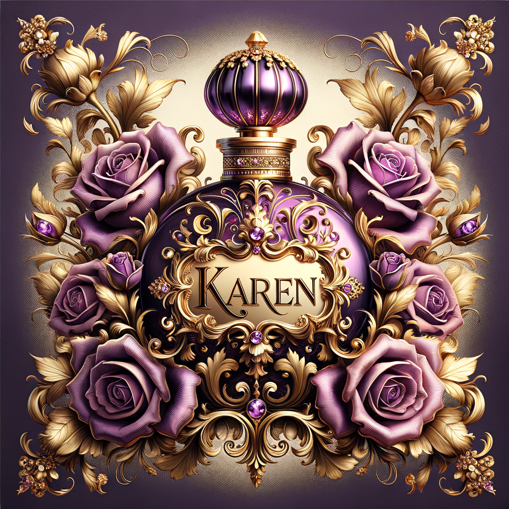 Craft an image of an ornate perfume bottle, with a luxurious design featuring purple roses and intricate gold detailing. At the center of the bottle, include an elegant, raised gold script that spells out the name 'Karen'. The bottle should exude opulence with a jeweled crown-like cap and a background that suggests sumptuousness and sophistication. The script should be harmonious with the lavish design, standing out against the purple and gold palette.