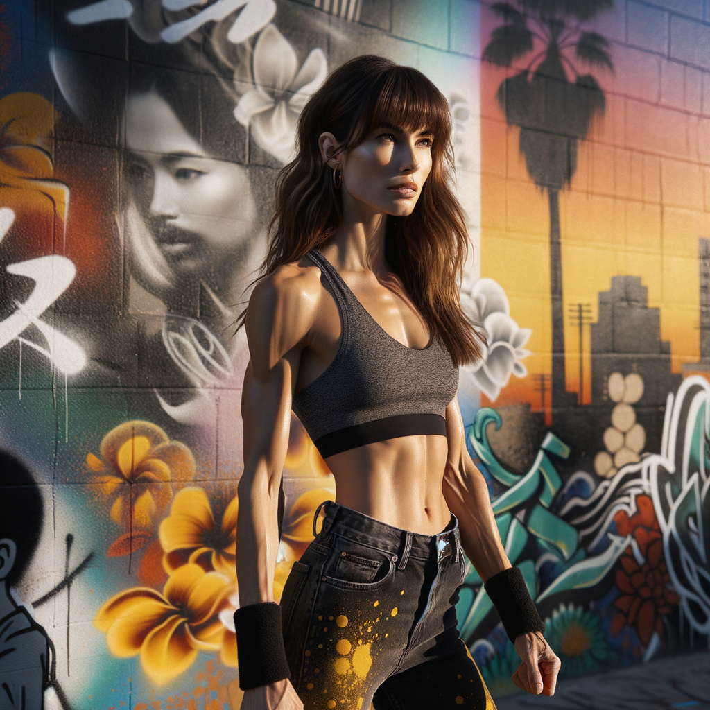 Athletic Thin skinny Attractive, Asian teenage girl, long brown hair and bangs, wearing tight skinny jeans and a halter top paint marks on her clothing, heroic pose Asian graffiti background, side view