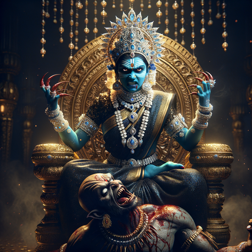 portrait of angry looking, four-armed indian goddess blue skinned sitting on a gold crown and carrying a weak mahishasur on her lap and poking his abdomen with her amazingly long red fingernails . She is wearing diamond armor, a huge diamond crown, black saree, abundant  diamond jewelry, covered in blood. The scene is set in ancient India. The image is 8K resolution, cinematic, photography, ultra detailed face and epic.