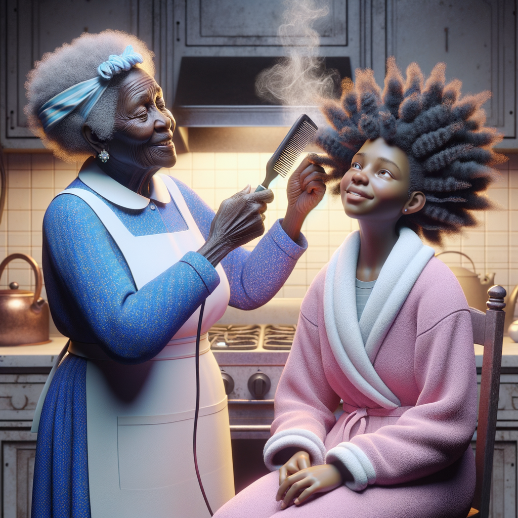 Create a realistic 3-D image of an african-American grandmother wearing a blue house dress and a white apron . She is in the kitchen with her african-American granddaughter. Her granddaughter is wearing a pink bath robe. The grandmother has a hot comb in her hand and she is straightening her granddaughters hair. One side of her granddaughters hair is in  a Afro the other straight 
There is smoke coming from the hot comb
The granddaughter is holding her ear and making a funny face