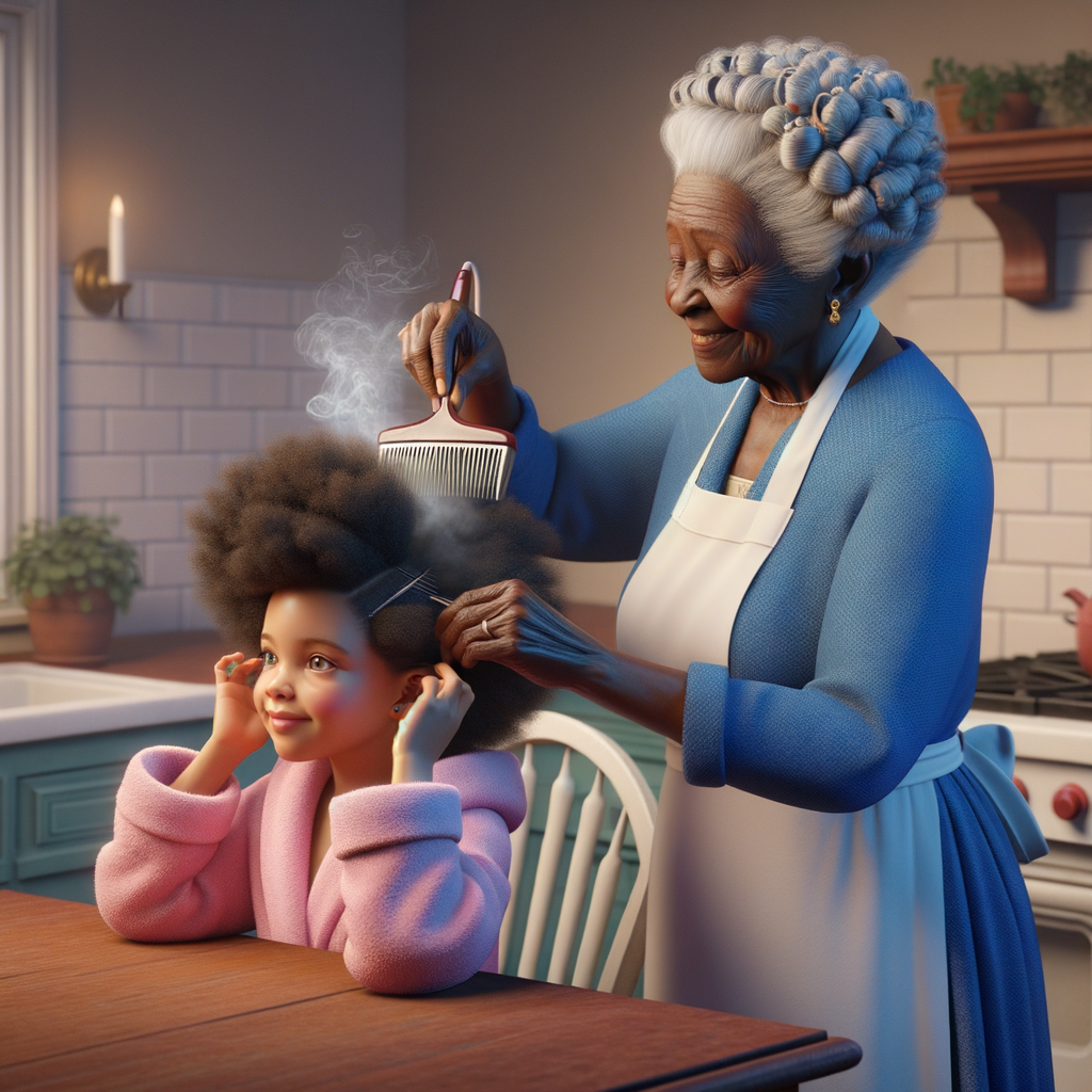 Create a realistic 3-D image of an african-American grandmother wearing a blue house dress and a white apron . She is in the kitchen with her african-American granddaughter. Her granddaughter is wearing a pink bath robe. The grandmother has a hot comb in her hand and she is straightening her granddaughters hair. One side of her granddaughters hair is in  a Afro the other straight 
There is smoke coming from the hot comb
The granddaughter is holding her ear and making a funny face