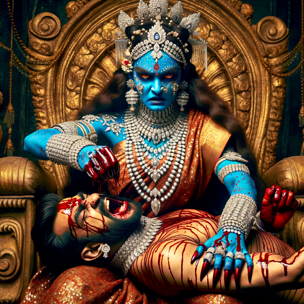 portrait of angry looking goddess kali, blue skinned, sitting on a gold crown and carrying a weak mahishasur on her lap and stabbing him with her amazing long red finger nails. She is wearing diamond armor, a huge diamond crown, red saree, abundant diamond jewelry, covered in blood. The scene is set in ancient India. The image is 8K resolution, cinematic, ultra detailed face and epic.