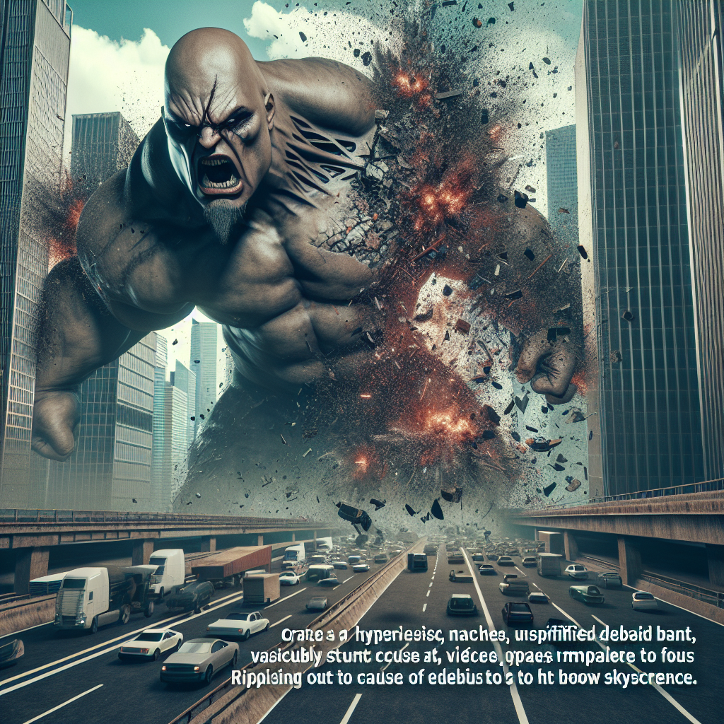 Create a hyper-realistic image of a menacing, bald giant, exuding an aura of malevolence as he hurls vehicles with ease at towering skyscrapers, causing explosions and a shower of debris to scatter across the wide expanse of the sky.