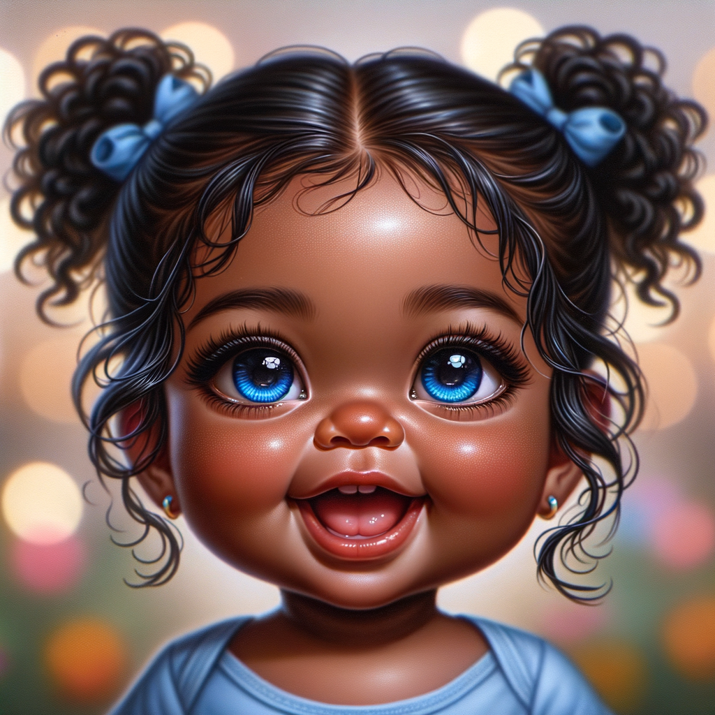 ultra realistic Chibi Style oil painting of Med olive skin  cute African-American American baby girl with deep deep dimples on both checks smiling huge, blue eyes, wearing a blue onesie two curly black pigtails with blue
 ribbons. crystal blue eyes. up-close view bokeh background

S/O Genae Kulah