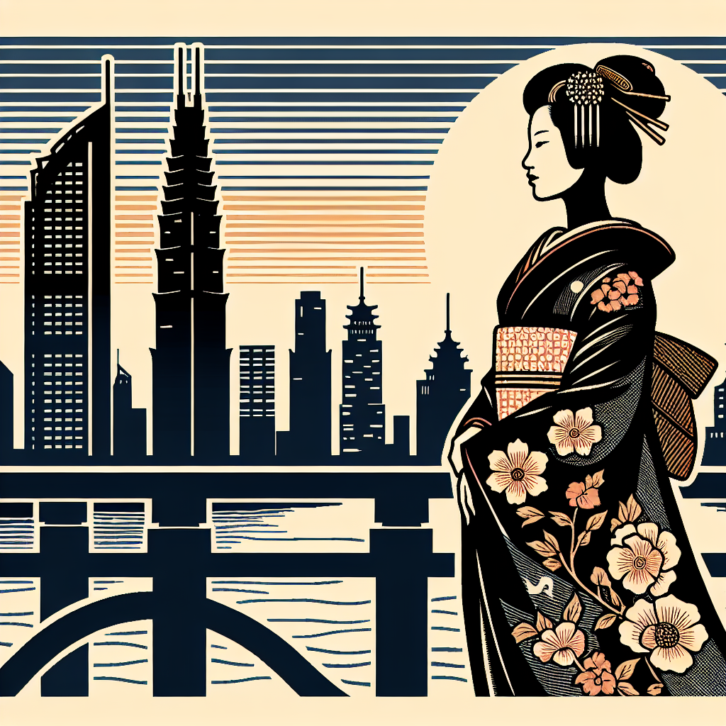 A beautifully dressed woman in a colorful, intricate kimono, standing on a bridge. Behind her, the skyline of a modern city blends seamlessly with the natural curves of the landscape, and the edges of the design are accented with traditional Japanese patterns.