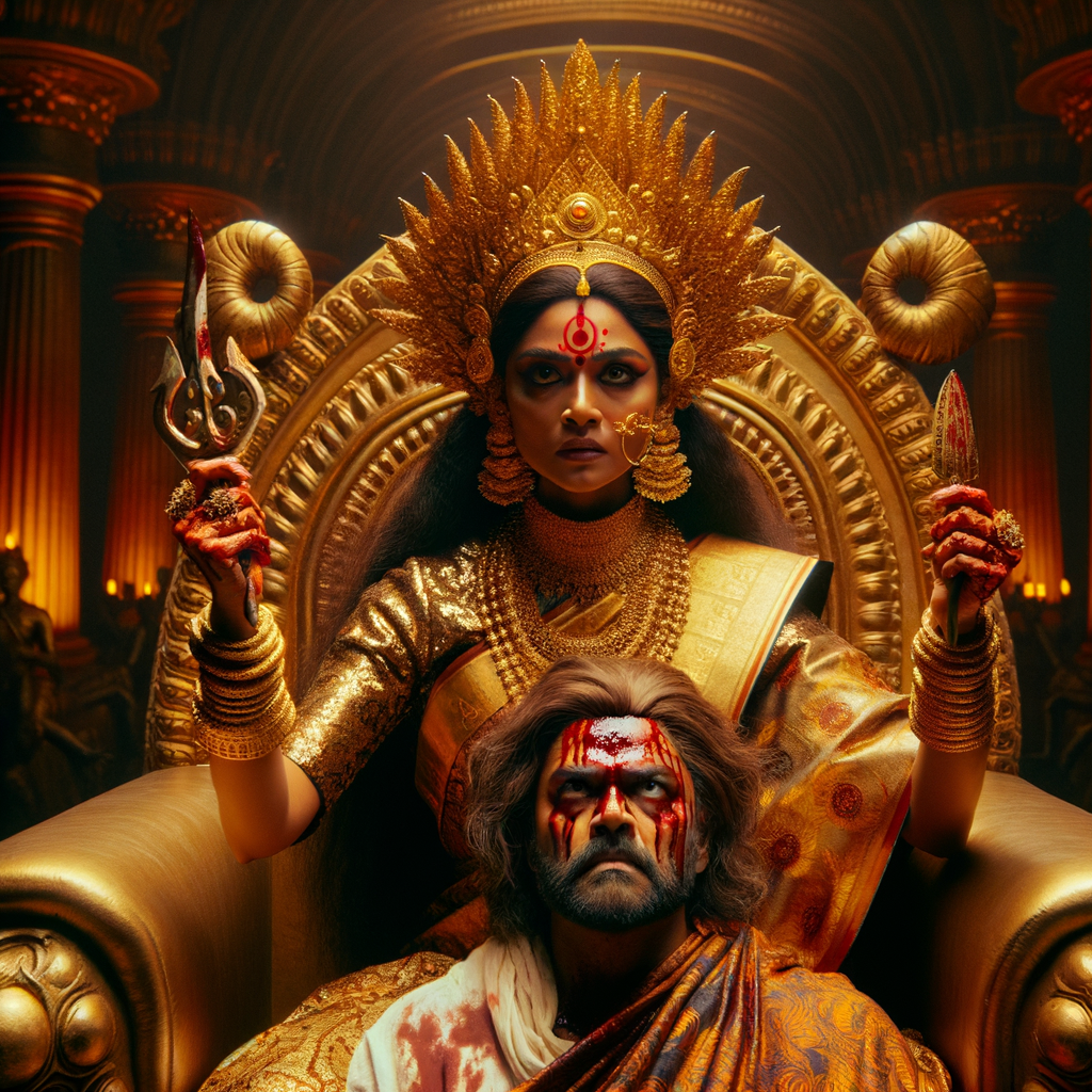 portrait of extremely angry looking goddess durga cosplayer sitting on a gold crown and carrying a weak mahishasur on her lap and poking him with her amazingly long red fingernails. She is wearing gold armor, a huge gold crown, gold saree, abundant  gold jewelry, covered in blood. The scene is set in ancient India. The image is 8K resolution, cinematic, photography, ultra detailed face and epic.