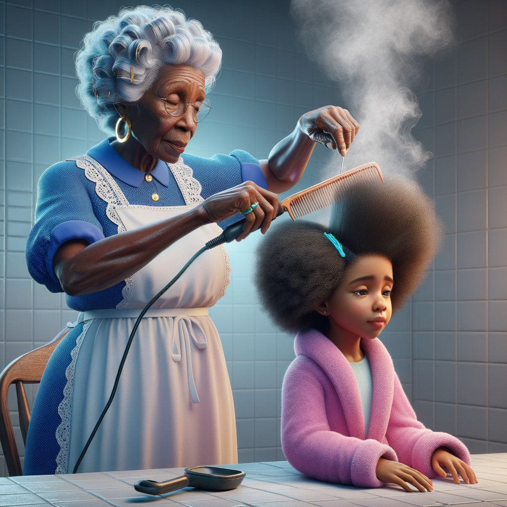 Create a realistic 3-D image of an african-American grandmother wearing a blue house dress and a white apron . She is in the kitchen with her african-American granddaughter. Her granddaughter is wearing a pink bath robe. The grandmother has a hot comb in her hand and she is straightening her granddaughters hair. One side of her granddaughters hair is in  a Afro the other straight 
There is smoke coming from the hot comb
The granddaughter is making a face