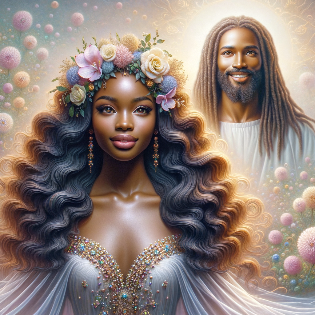 Create a 3-D realistic oil, painting of a beautiful African-American bride. She has long flooring, wavy hair and her gown has beautiful jewels around the neckline. in the background there is a beautiful African-American Jesus Christ with long dreadlocks, and he is smiling. He is very handsome pastel flowers throughout the image.