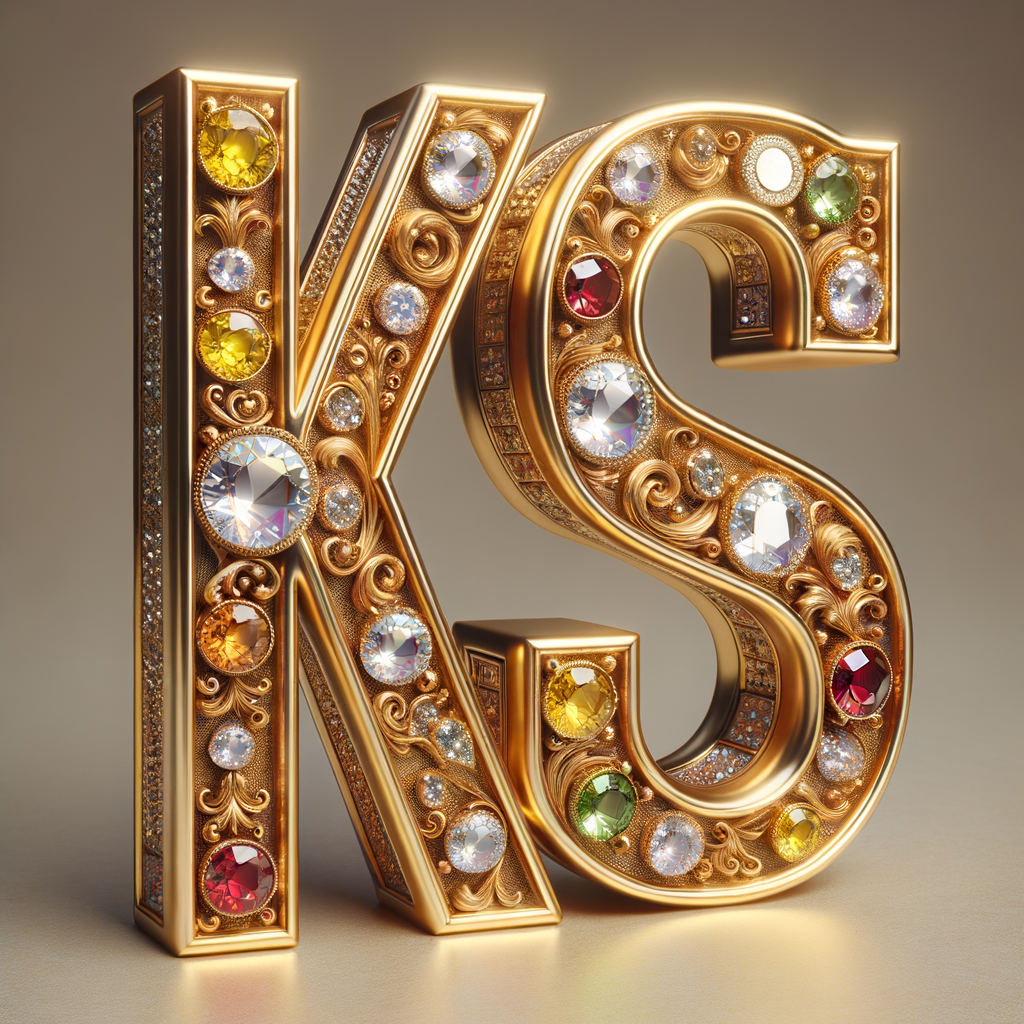 Create a 3-D realistic image with the letters  K.S. in gold raised letters , Add diamonds and colorful jewels