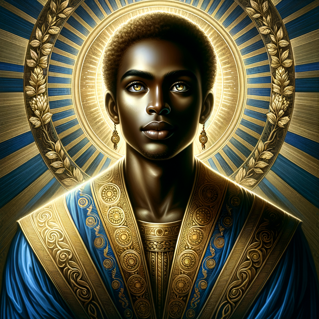 Create a beautiful African-American Jesus Christ with Hazel, brown eyes and blue and gold robe