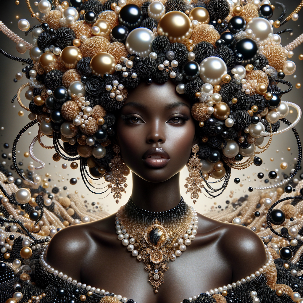 Imagine a digital portrait of a light skinned African-American Latino regal woman named KAREN Her attire and accessories are exclusively adorned with black and gold pearls. They grace her voluminous hair, styled in an elegant updo, where the black pearls form the roots and the gold pearls create the stunning curls. Her ears boast chandelier earrings, with black pearls clustered at the top, transitioning to gold pearls that dangle with delicate grace. Around her neck, a tiered necklace cascades with strands of alternating black and gold pearls, reflecting a sophisticated contrast.

Her shoulders are draped with a luxurious off-shoulder gown, the fabric's weave incorporating intricate patterns formed by black and gold pearls. The gown's texture has a subtle sheen, suggesting a high-quality material with a pearlescent finish. As a centerpiece, a grand brooch sits at her collar, with a large gold pearl surrounded by an elaborate design of smaller black pearls.

The background of the portrait features an abstract composition of floating pearls, swirling in a dance of shadows and light, emphasizing the color theme of black and gold. The name "KAREN" is discreetly integrated into the lower right corner of the artwork, blending seamlessly with the design, as if it were a signature part of the jewelry ensemble. The overall effect is one of timeless elegance, a blend of modern design and classic beauty, all tied together by the luxurious palette of black and gold.