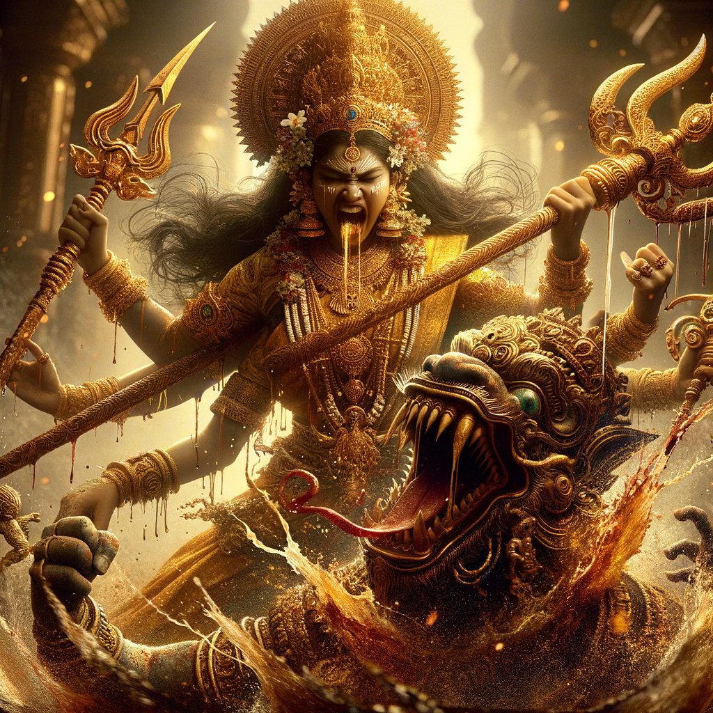 portrait of angry looking goddess durga slaying a weak mahishasur by carrying him in her two arms and stabbing him with her amazingly designed trident. She is wearing gold armor, a huge gold crown, gold saree, abundant  gold jewelry, covered in blood. The scene is set in ancient India. The image is 8K resolution, cinematic, ultra detailed face and epic.