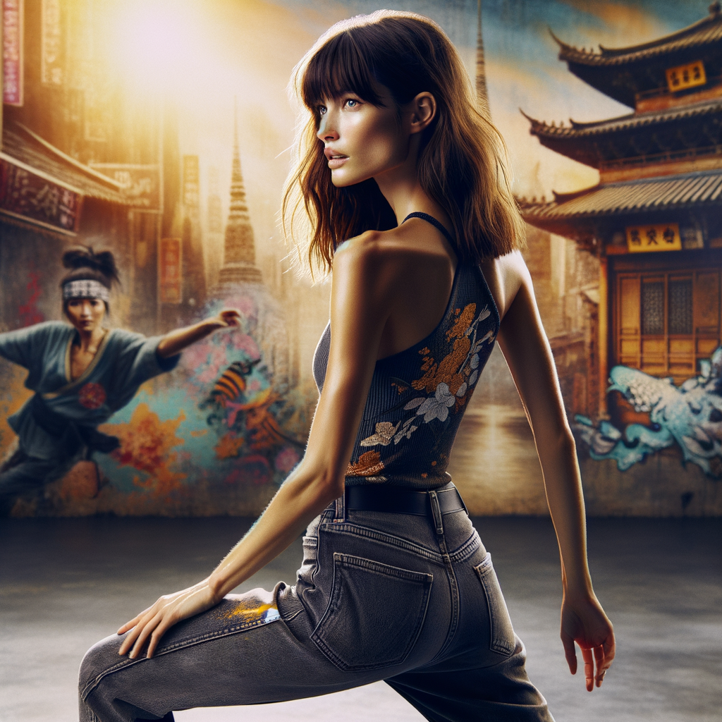 Athletic Thin skinny Attractive, Asian teenage girl, long brown hair and bangs, wearing tight skinny jeans and a halter top paint marks on her clothing, heroic pose Asian graffiti background, backside view