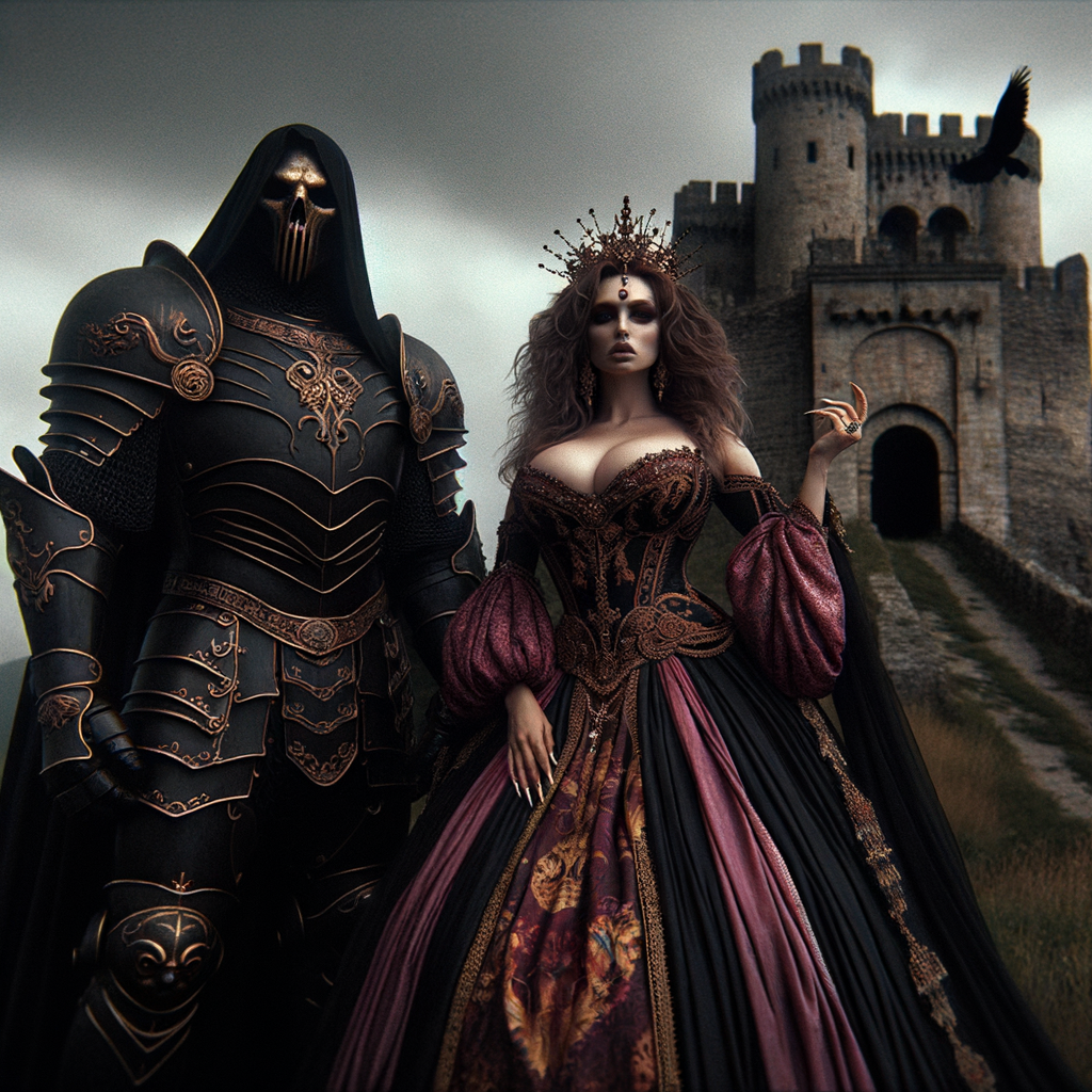 Black undead knight standing with a Greek thick curvy queen with a burgundy, gold and pink dress in front of a undead castle