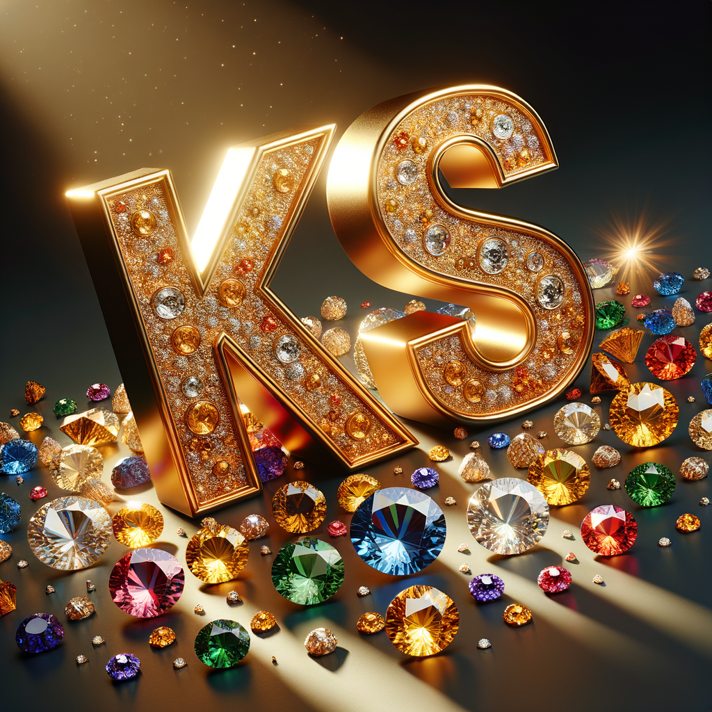 Create a 3-D realistic image with the letters  K.S. in gold raised letters , Add diamonds and colorful jewels