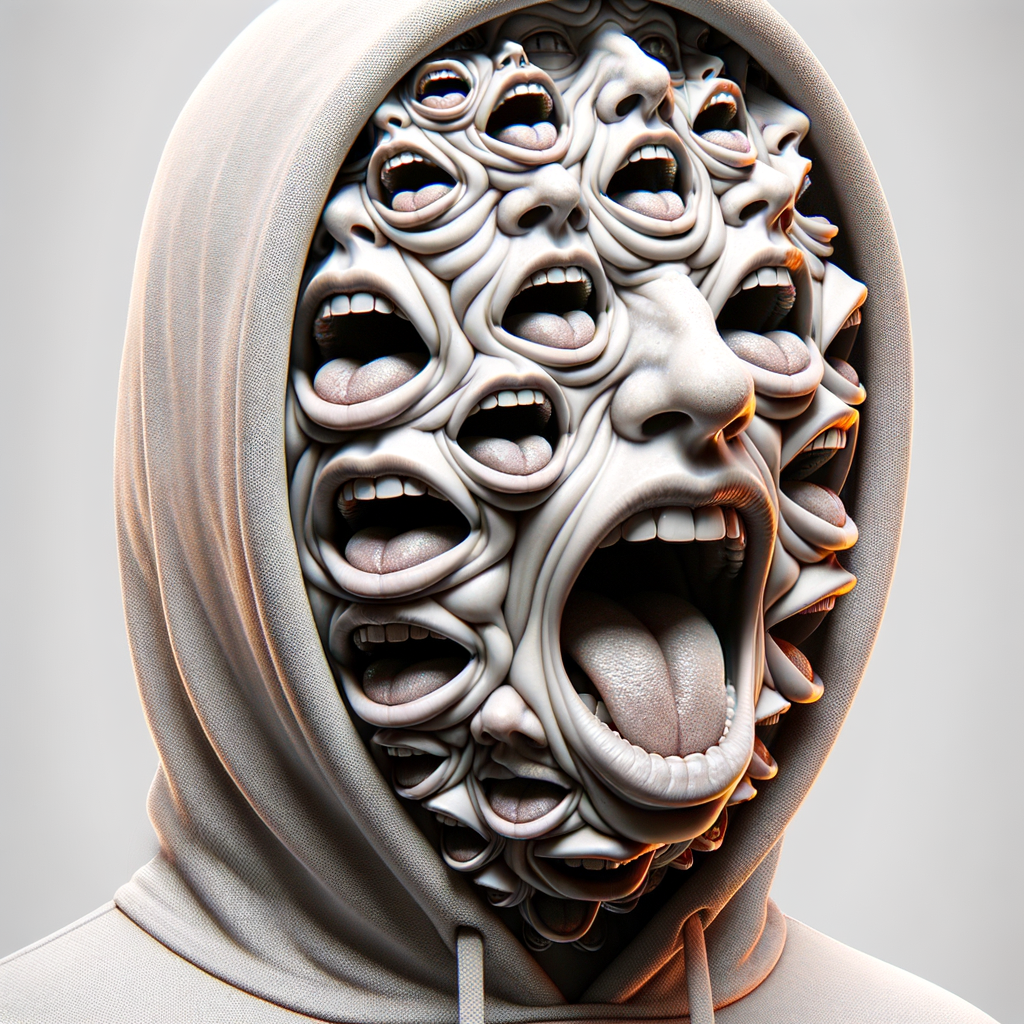 Create and image of head of mouths screaming in a hoodie