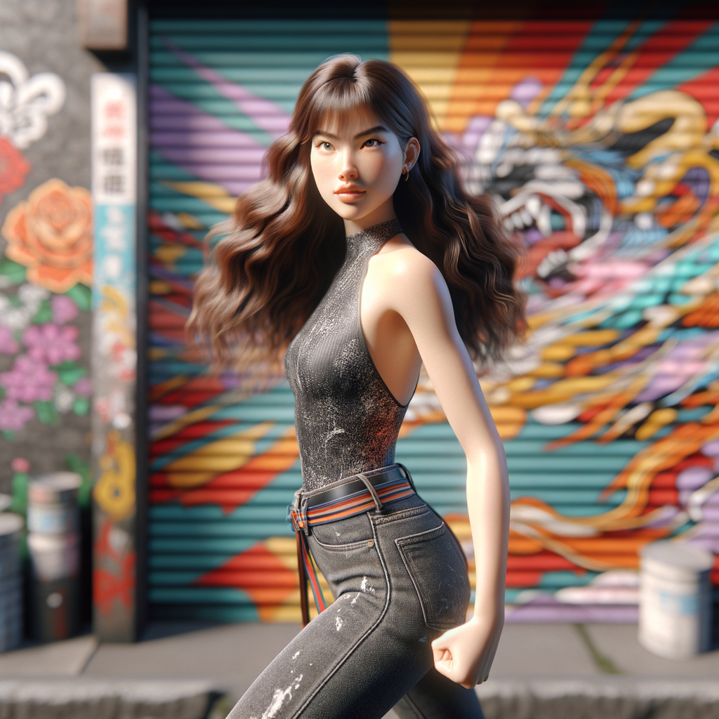 Athletic Thin skinny Attractive, Asian teenage girl, long brown hair and bangs, wearing tight skinny jeans and a halter top paint marks on her clothing, heroic pose Asian graffiti background, side view