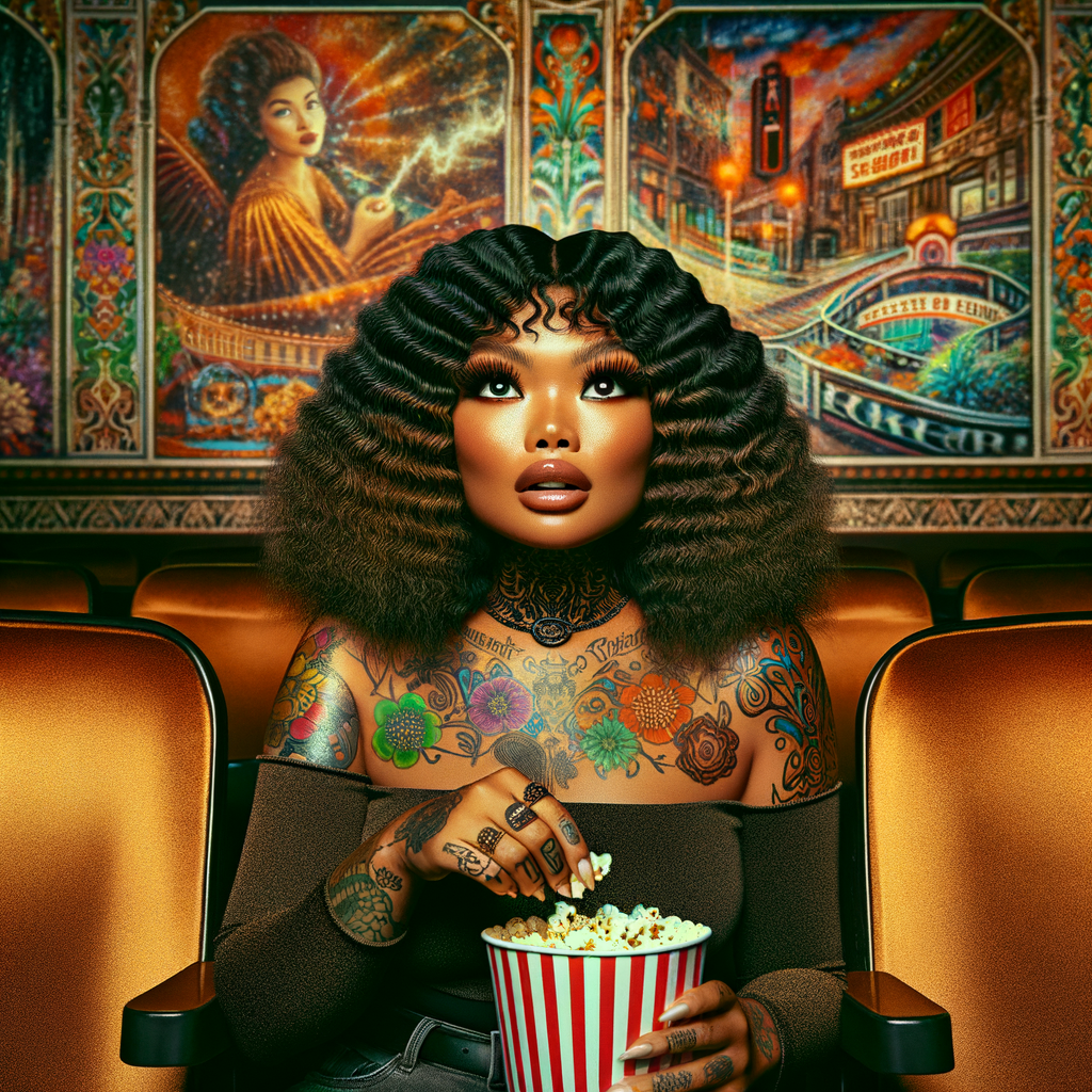 a super plus-size beautiful bronze-gold skinned Blasian woman with long fluffy eyelashes and tattoos wearing a off the shoulder top and jeans sitting in a movie theater eating popcorn with a surprise look on her face facing front. vibrant detailed wallpaper glossy design electrostatic art