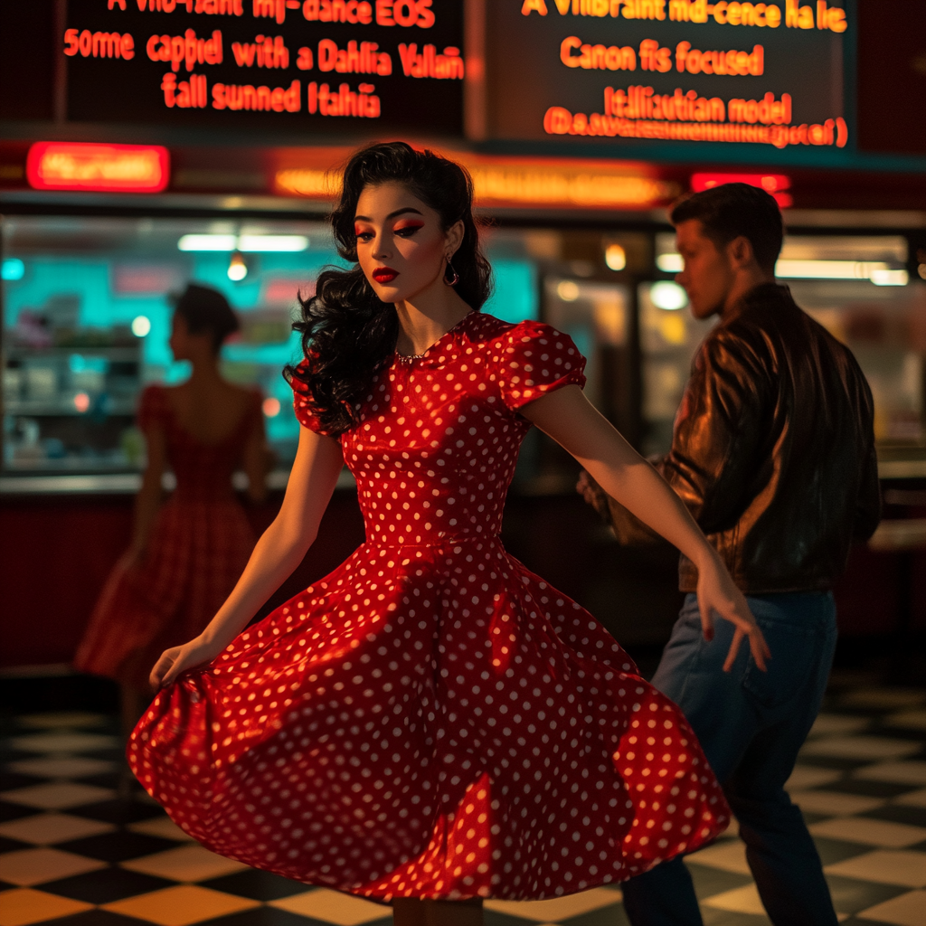 “A vibrant mid-century dance hall scene captured with a Canon EOS R5 and a 50mm f/1.2 lens. the image is focused on Dahlia Valentina fit tall supple well endowed tanned Italian American model (DahliaValentina_ai) stands in the center of a 1950s rockabilly dance, spinning in a bright red polka-dot dress with a fitted bodice and a flared skirt that lifts as she twirls. Her long wavy black hair is tied up with a matching headscarf, and she wears classic cat-eye eyeliner with a bold red lip. She dances with a charming partner dressed in a leather jacket and cuffed jeans, both caught mid-motion in a lively jitterbug step. The neon signs glow behind them, casting warm reflections on the checkered dance floor. The energy of the crowd, jukebox music, and the flickering of retro diner lights add to the nostalgic atmosphere. The composition follows dynamic angles, emphasizing movement and vintage allure.”