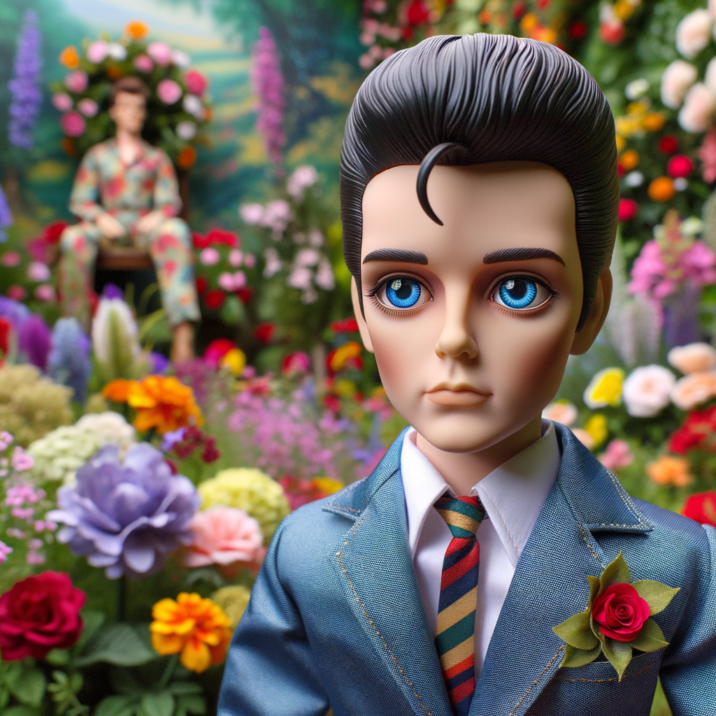 Elvis Presley doll with huge blue eyes flowers in the background