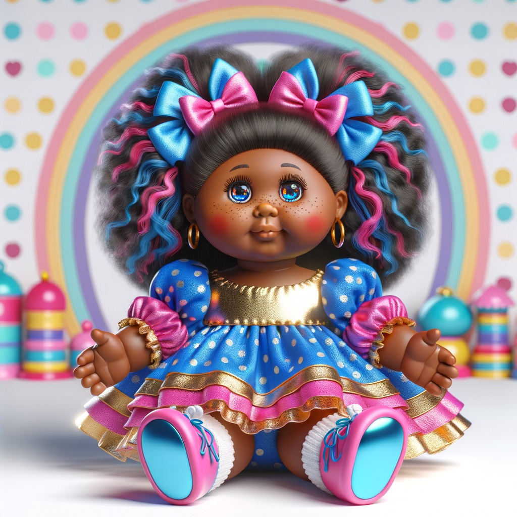 Design a 3-D realistic original African-American Cabbage Patch doll. She has on a blue pink and gold dress with matching booties. She has pink and blue bows in her hair. she lives inside of a colorful dollhouse. She has freckles and big dimples.