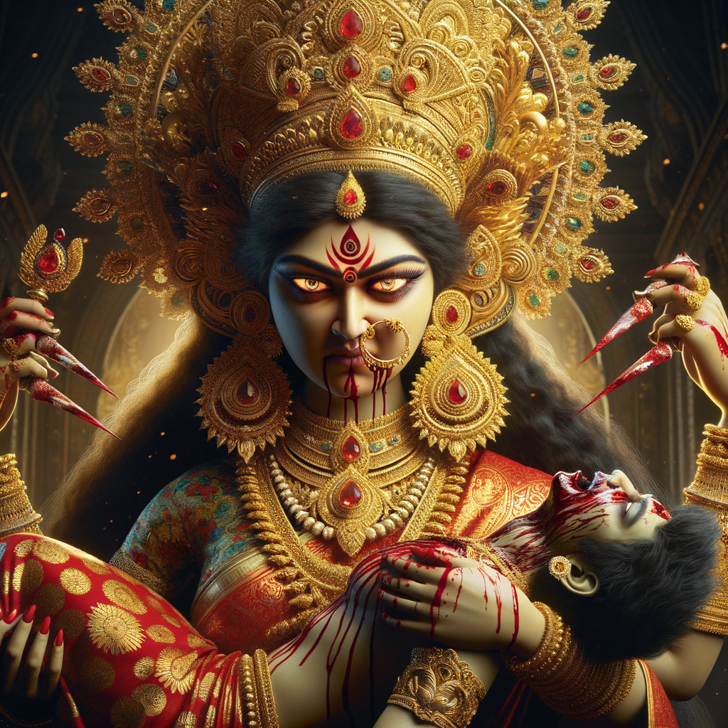 portrait of angry looking goddess durga  carrying a weak mahishasur in her arms and poking him with her amazingly long red fingernails. She is wearing a huge gold crown, red saree, abundant  gold jewelry, covered in blood. The scene is set in ancient India. The image is 8K resolution, cinematic, ultra detailed face and epic.