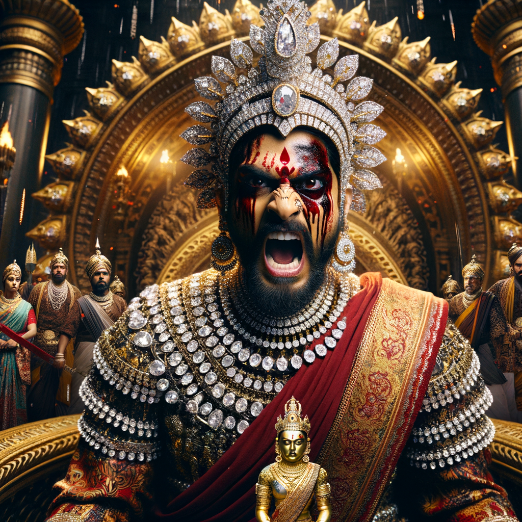 portrait of angry looking goddess durga, sitting on a gold crown and carrying a weak mahishasur on her lap. She is wearing diamond armor, a huge diamond crown, red saree, abundant diamond jewelry, covered in blood. The scene is set in ancient India. The image is 8K resolution, cinematic, ultra detailed face and epic.