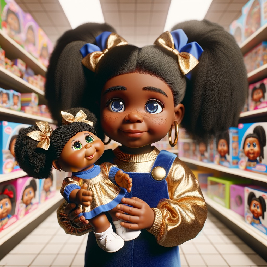 Create a 3-D image of an african-American little girl inside of a medium size, toy store. The little girl has thick long, ponytails and huge blue eyes. She has on a gold and blue jumpsuit with matching bows, She is playing with her favorite african-American cabbage patch doll, the doll has deep, dimples, and freckles and looks just like her