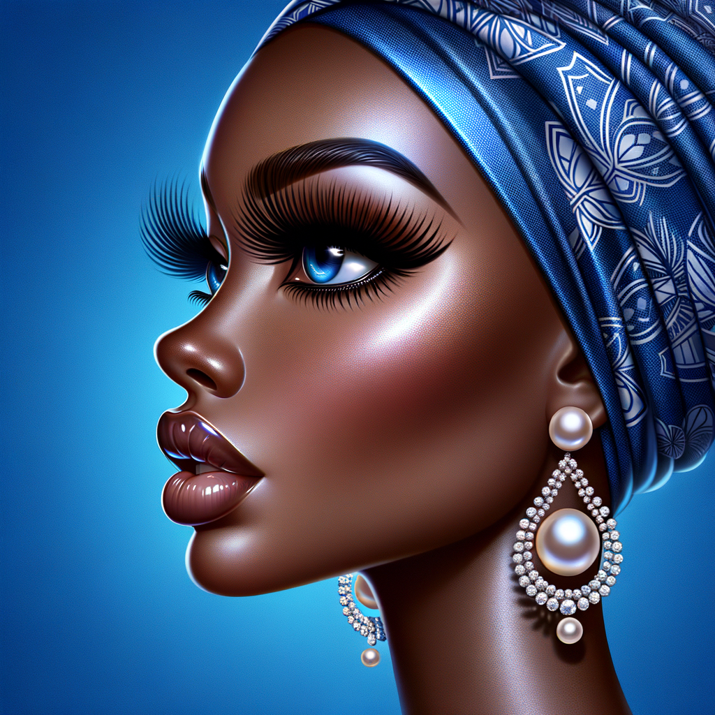 Create an airbrushed digital portrait of an animated
African-American woman in profile against a solid cobalt
blue backdrop. Her radiant skin, strikingly long eyelashes, a
pronounced nose, and voluminous natural glossy lips are
showcased. She wears a headwrap adorned with intricate
diamond patterns. Large, elegant pearl drop earrings
complete her appearance, showcasing the entire headshot
details with a focus on sophistication and grace. The digital
art should highlight her striking features against the vibrant
background, creating a visually stunning piece.