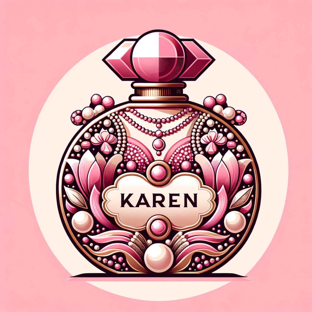 Design a fancy pink perfume bottle in the shape of a woman’s body with flowers, Pearls and diamonds and the name Karen