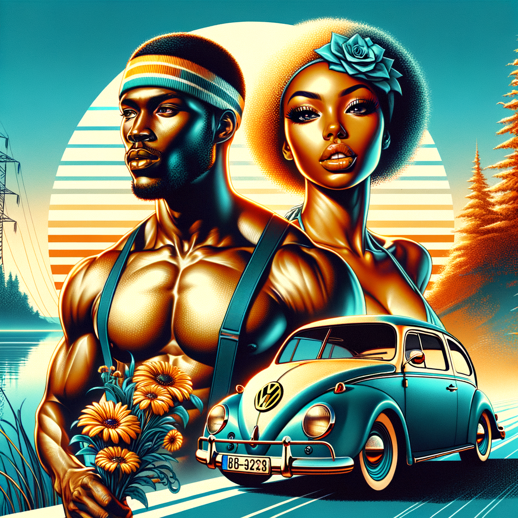 Airbrush image of a couple Holding Flowers African American woman warm honey skin, slimthick,  full lips, long lashes ,African American Fit man brown skin tone, headband, VW Volkswagen, ink wash, contrast colors, blue lake high definition 4K