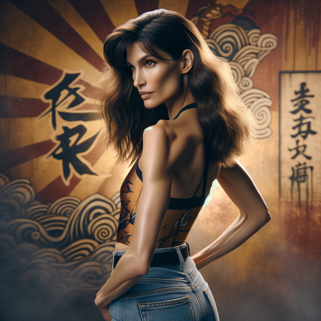 Athletic Thin skinny Attractive, Asian teenage girl, long brown hair and bangs, wearing tight skinny jeans and a halter top paint marks on her clothing, heroic pose Asian graffiti background, backside view